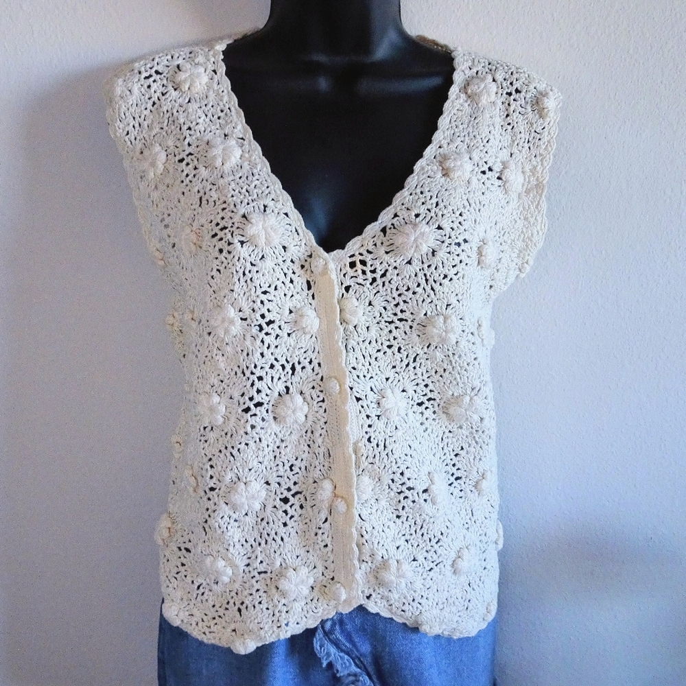 Vintage Cream Hand Crochet Floral Sweater Vest - Picture 1 of 6